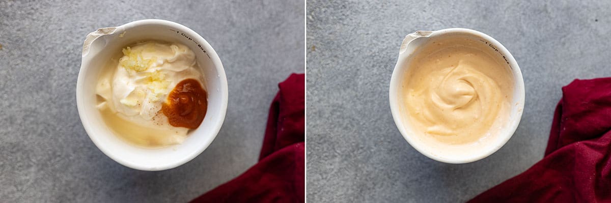 Two pictures of how to make the mayo sauce.