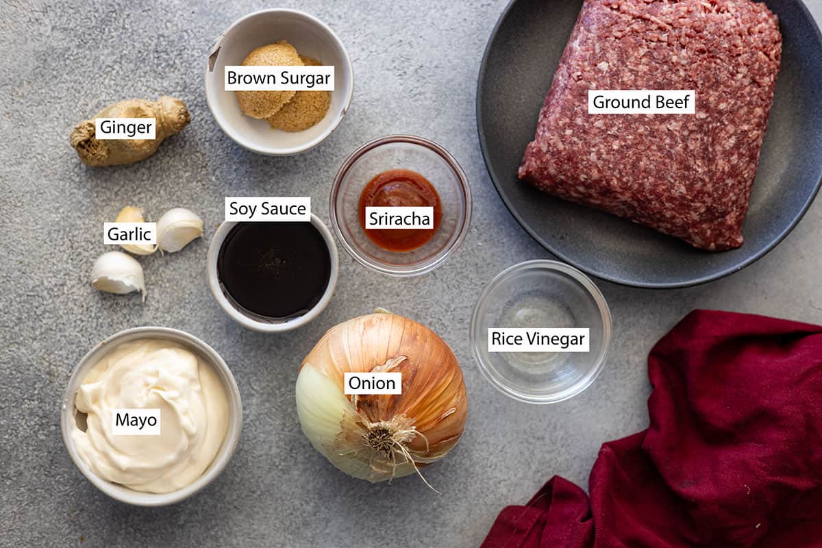 Ingredients: ground beef, onion, mayo, rice vinegar, soy sauce, sriracha, garlic, ginger, and brown sugar.