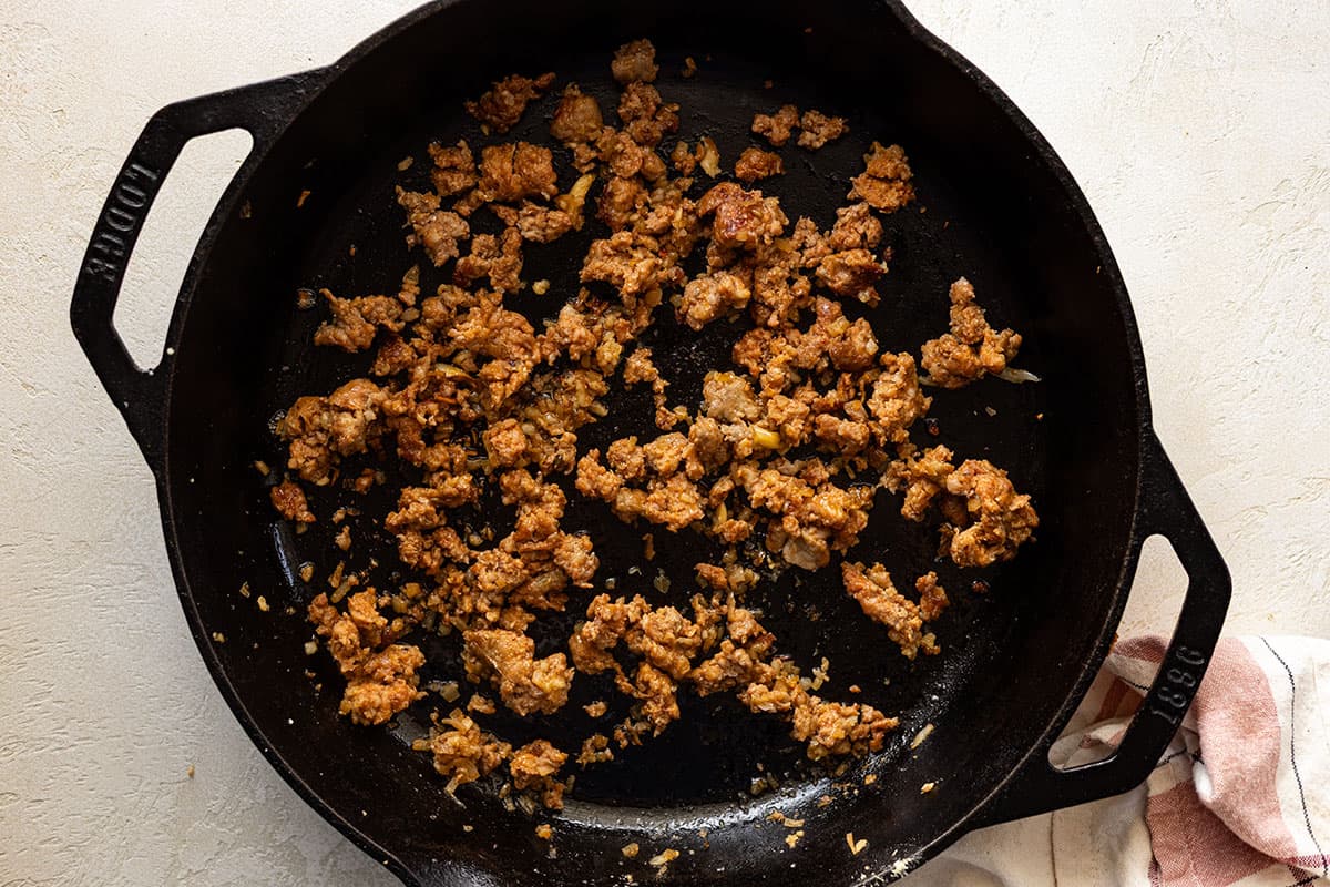 Browning the meat and onion.