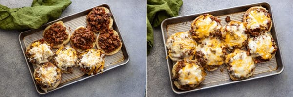 Pictures showing topping the beef mixture with cheese and then baking.
