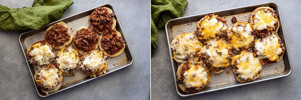 Pictures showing topping the beef mixture with cheese and then baking.