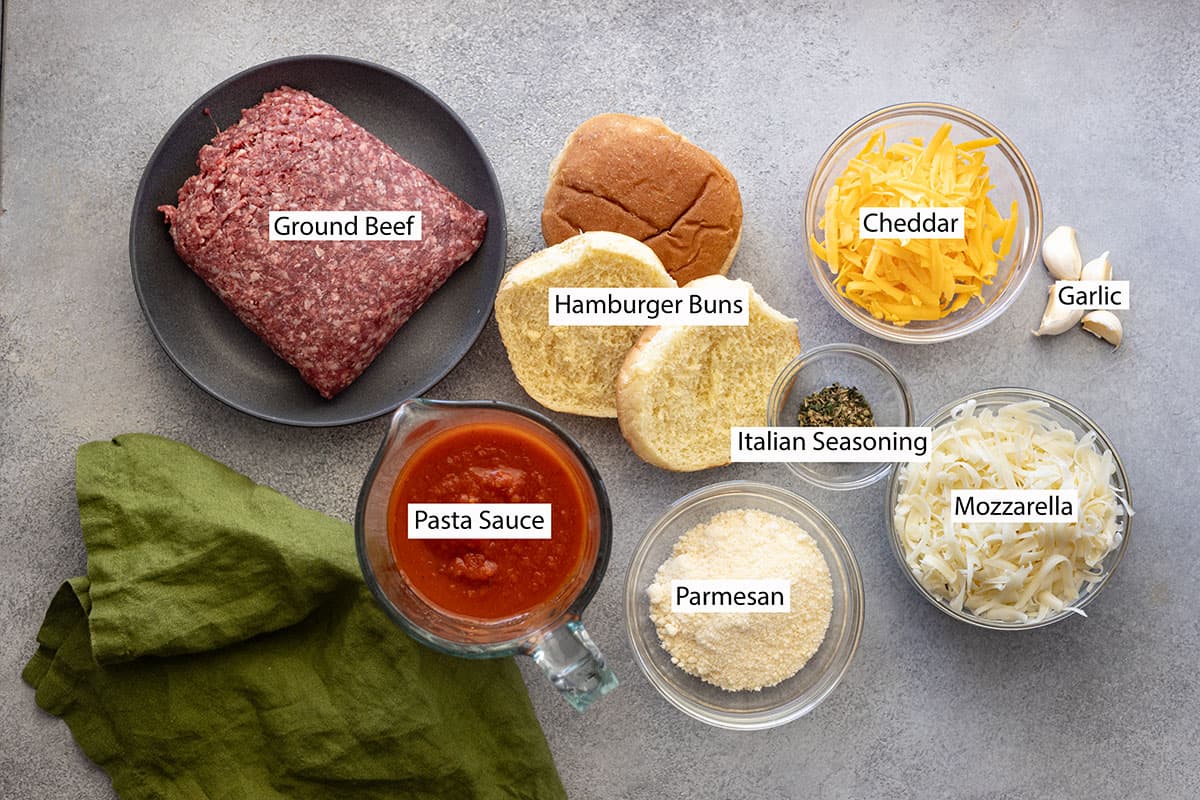 Ingredients: ground beef, hamburger buns, pasta sauce, cheeses, garlic, and onion.
